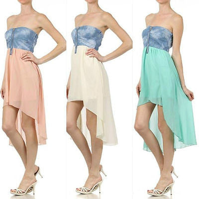 Dress Denim Chiffon Strapless 2 in 1 High Low Hemline Sweetheart Neckline