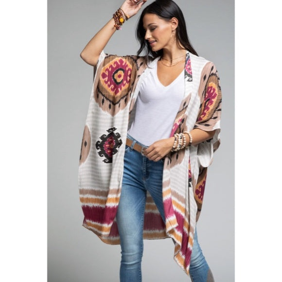 Bohemian Mandala Inspired Stripes Side Slit Kimono Coverup Wrap Casual Women's