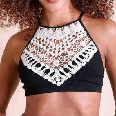 Black Ivory Mocha Sage Blush Boho Crochet Lace Detail High Neck Bralette