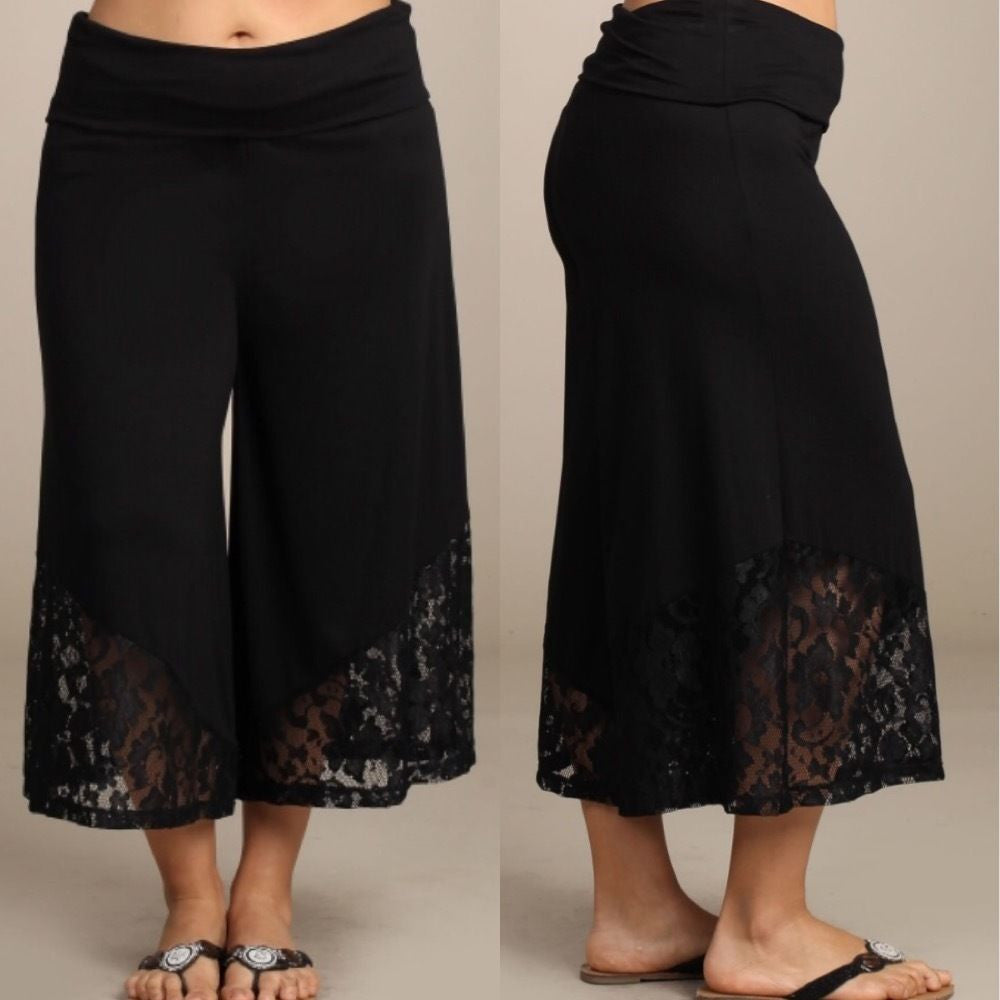 Pant Gaucho High Waist Lace Black Capri Wide Leg Bohemian Culottes