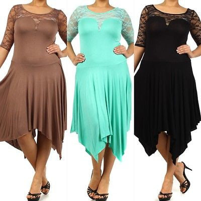 Plus Dress Size 3/4 Lace Sleeve Asymmetrical Sexy Women New Casual