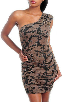 Dress One Shoulder Mini Studded Ruched Urban Brown Black Sexy Club