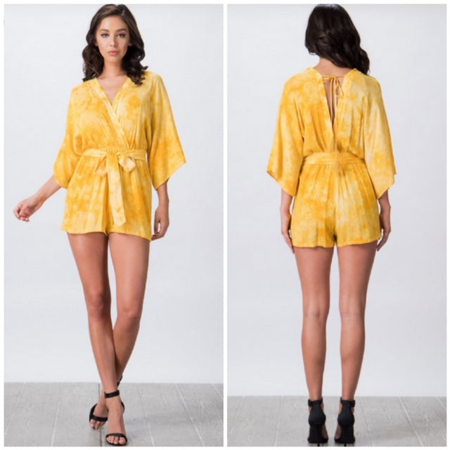 Yellow Tie Dye Surplice Kimono Romper Casual Womens