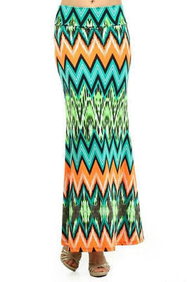 Skirt Chevron Neon Maxi Full Length Casual High Waist Bright Sexy Stretch