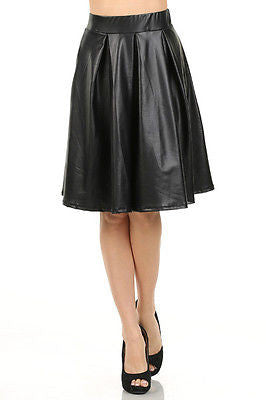 Skirt Faux Leather Circle Pleated Women Sexy High Waist Knee Length