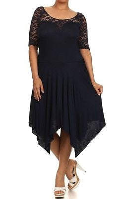 Plus Dress Size 3/4 Lace Sleeve Asymmetrical Sexy Women New Casual