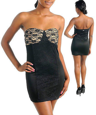 Dress Cocktail Lace Strapless Tube Panel Sexy Nude Mini New Black Woman