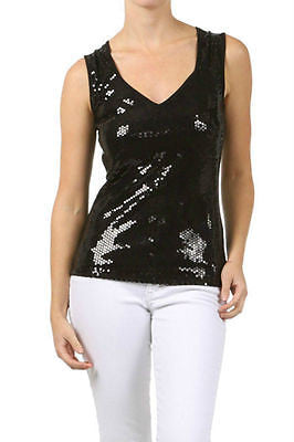 Top Sequin Sparkling Black Mesh Keyhole Sexy Club Tank Blouse Metallic