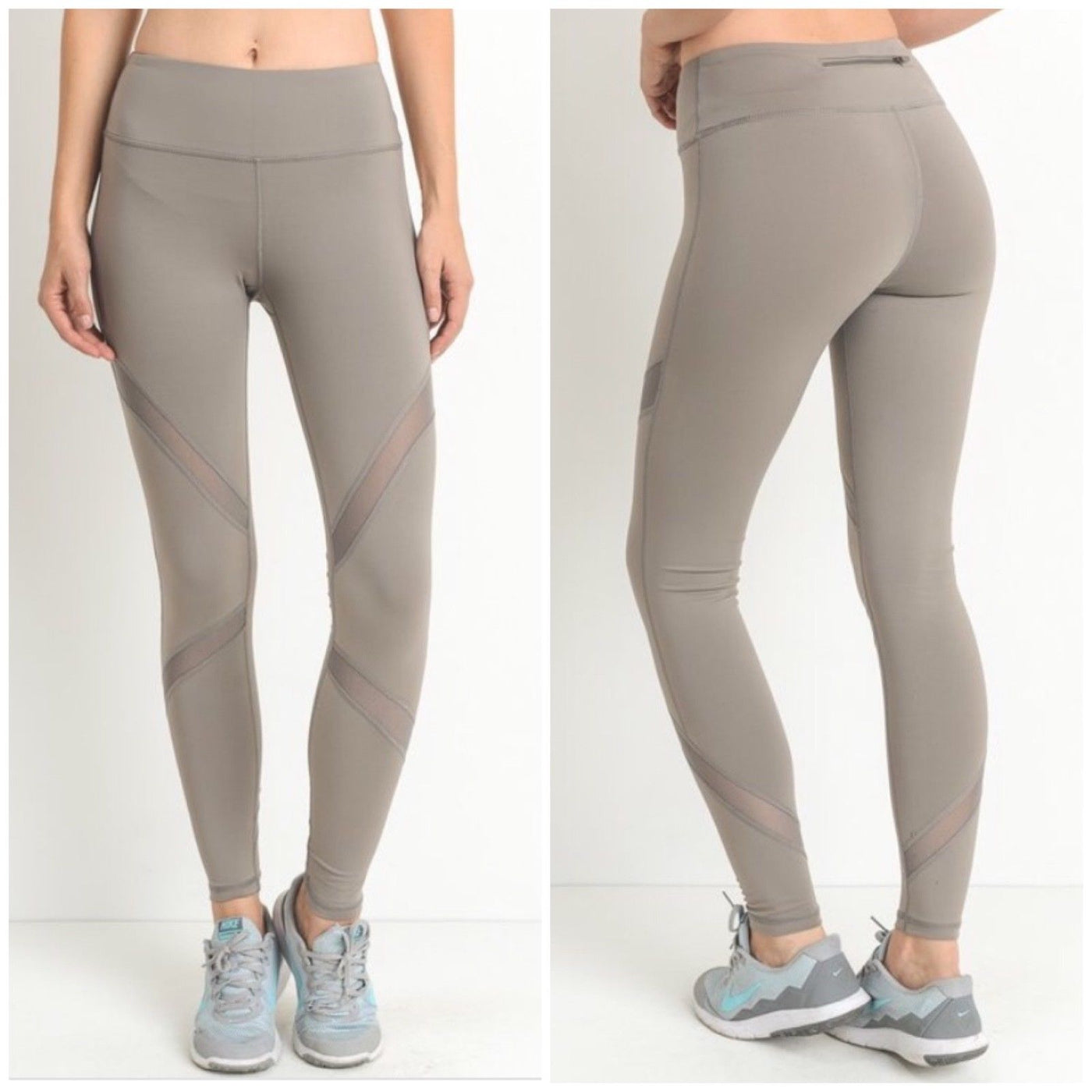 Mocha Athletic Leggings Pants Stretch High Waist Mesh Zipper Pocket Workout