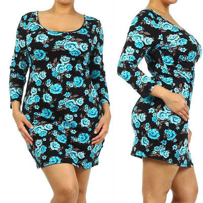 Dress Plus Floral Casual Spring 3/4 Sleeve Knit Bodycon Mini Sexy