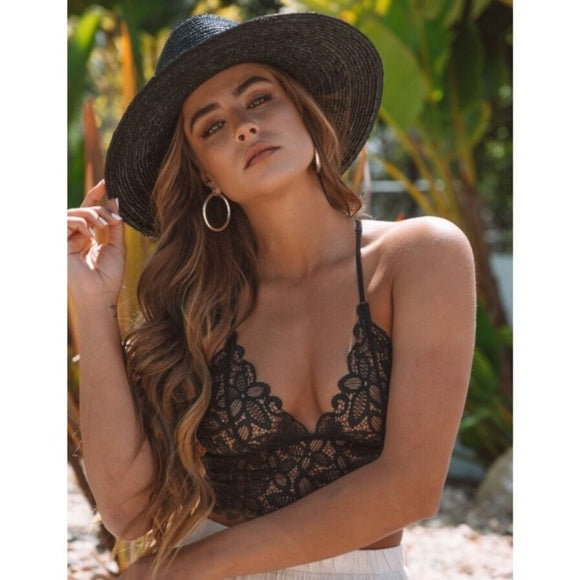 Boho Black Floral Sheer Lace Racerback Bralette Womens