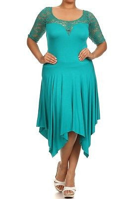 Plus Dress Lace Sweetheart Sexy Solid 3/4 Sleeve Asymmetrical Jade New