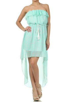 Dress Sheer Chiffon Hi Low Hem Checkered Flounce Strapless Summer Mint