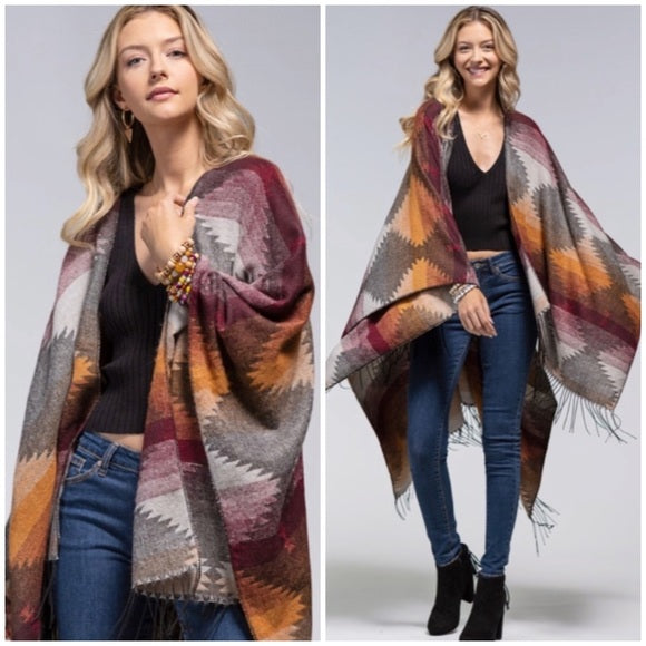 Mulberry Western Print Tassel Ruana Knit Fall Autumn Bohemian Boho Style Wrap