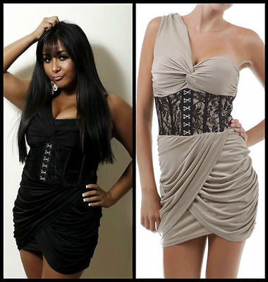 Dress One Shoulder Cocktail Corset Lace Jersey Shore Snooki Mini Taupe