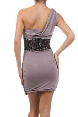 Dress One Shoulder Cocktail Corset Lace Jersey Shore Snooki Mini Charcoal