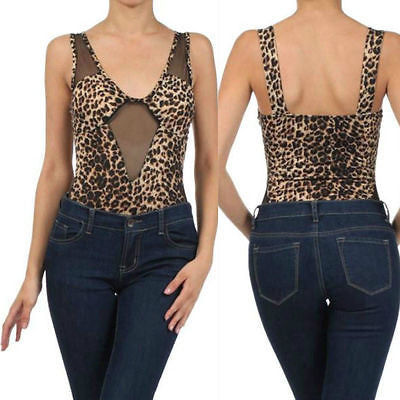 Bodysuit Leopard Sheer Mesh Keyhole Animal Print Sleeveless Top Womens