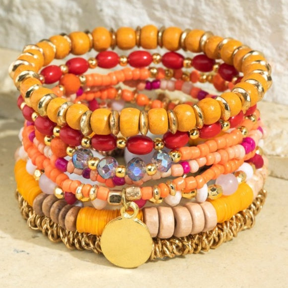 Mango Tango Boho Multi Stacked Mixed Bead Beaded Stretch Bracelet