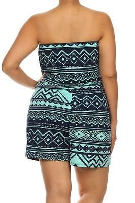 Romper Plus Mint Aztec Tribal Strapless Print New Casual Summer Orange