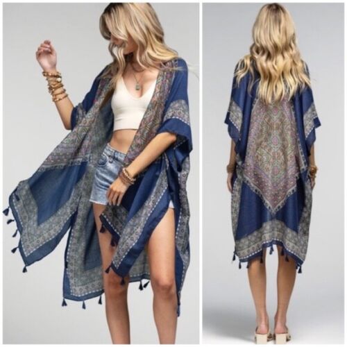 Azura Navy Ethnic Motif Print Tassel Kimono Wrap Open Coverup Top One Size