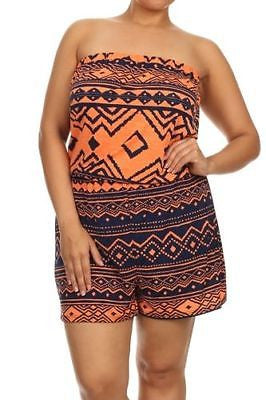 Romper Plus Mint Aztec Tribal Strapless Print New Casual Summer Orange