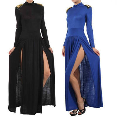 Maxi Dress Spike Studded Shoulder Turtleneck Slit Thigh Split Long Sleeve