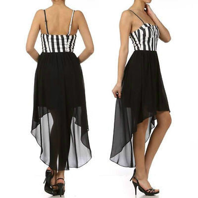 Dress Striped Chiffon Hi Low Hem 2 IN 1 Casual Sheer Sweetheart Neckline