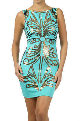 Woman Dress Bodycon Ornate Metallic Print Low Back Stretch Sleeveless