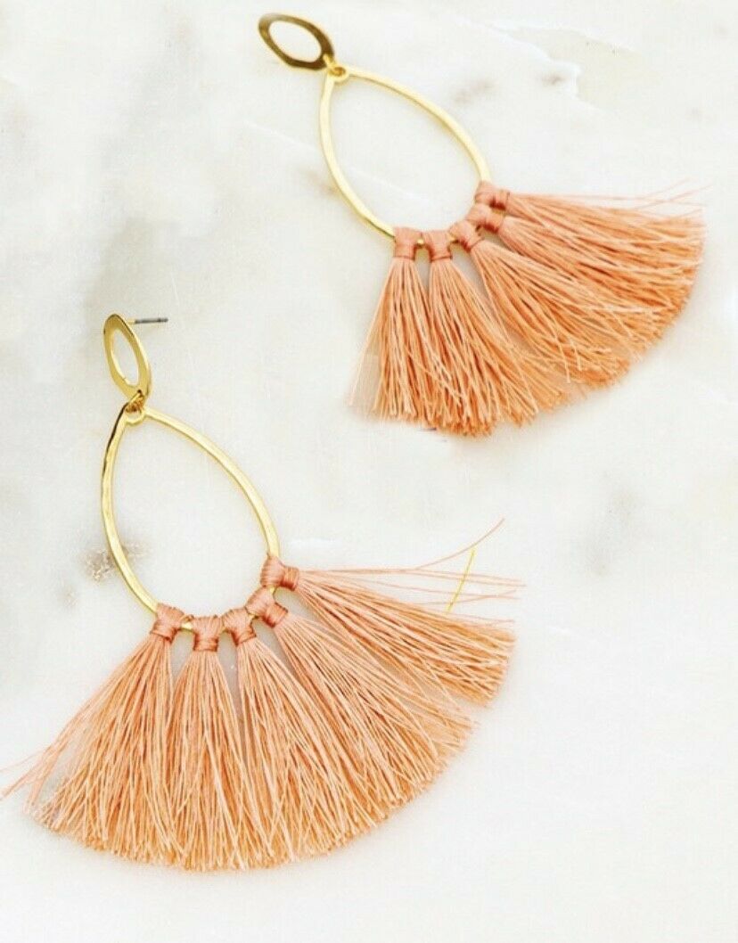 Pink Teardrop Hammered Gold Hoop Tassel Earrings