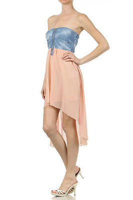 Dress Denim Chiffon Strapless 2 in 1 High Low Hemline Sweetheart Neckline