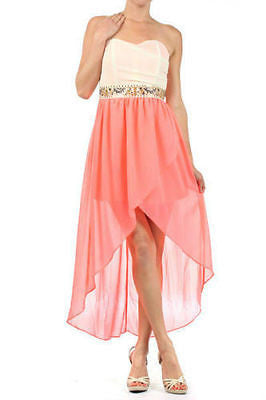 Dress Hi Lo Hem Neon Duo Tone Strapless Chiffon Sequin Beaded Cocktail