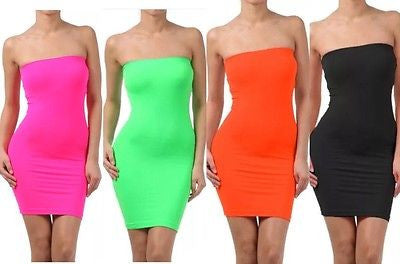 Dress Seamless Strapless Tube Neon Solid Stretch Sexy Bodycon Mini One Size