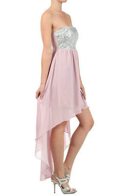 Dress Cocktail Hi Low Hem Sheer Chiffon Strapless Sequin Silver Party