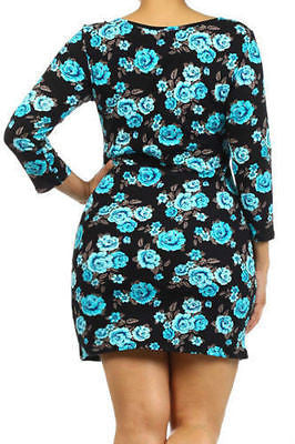 Dress Plus Floral Casual Spring 3/4 Sleeve Knit Bodycon Mini Sexy