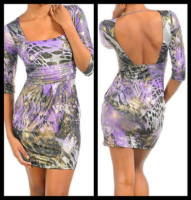 Dress Sexy Club Purple Animal Print Gold Shimmer 3/4 Sleeve Square Neckline