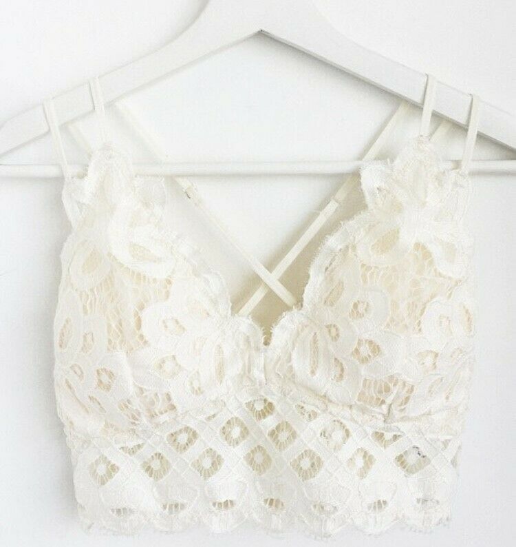 Off White Double Strap Scallop Crochet Lace Bralette Womens