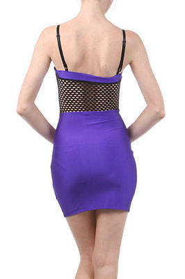 Dress Bodycon Purple Sateen Stretch Mini Fishnet Mesh Panel Club Size