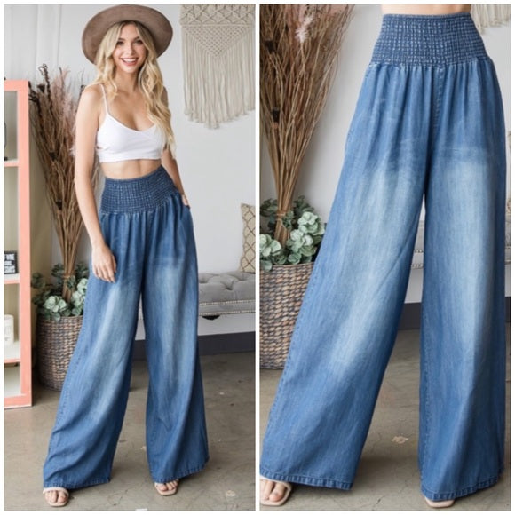 Denim Blue Washed Wide Palazzo Leg Tencel Casual Smocked High Waist Pants