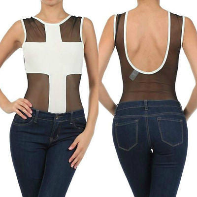 White Bodysuit Cross Mesh See Thru Sleeveless Tank Stretch Womens Top Sexy