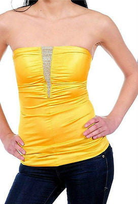 Strapless Tube Top Rhinestone Sparkling Satin Solid Shirred Stretch Club