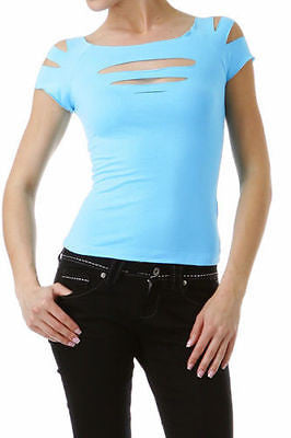 Short Sleeve Top Solid Slashed Laser Cut Keyhole Stretchy Tight Club