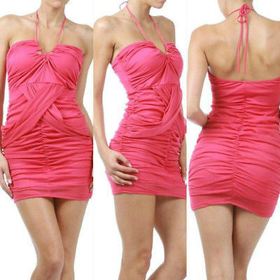 Dress Halter Fuchsia Solid Mini Mesh Criss Cross Club Party Sexy