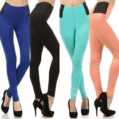 Leggings High Waist Elastic Banded Sides Solid S M L Ponte Stretch Pants New