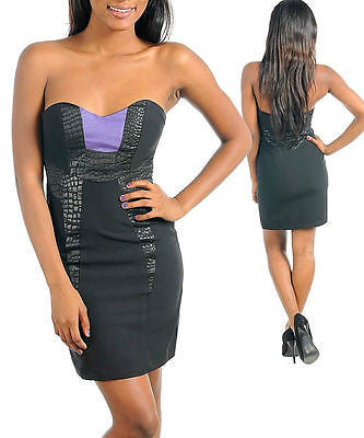 Dress Cocktail Animal Reptile Purple Black New Strapless Tube Croc Sexy