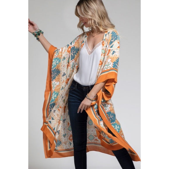 Navajo Ethnic Western Orange Turquoise Open Bohemian Coverup Kimono Wrap