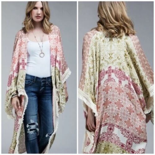 Rust Olive Tassel Boho Mandala Patchwork Kimono Open Wrap Cover Top Duster