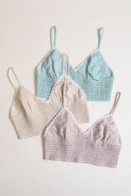 Beige Mocha Sage Gingham Smocked Casual Summer Bralette