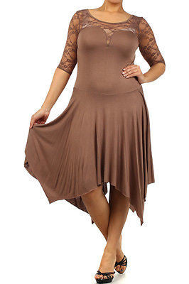 Plus Dress Lace Sweetheart Sexy Solid 3/4 Sleeve Asymmetrical Mocha