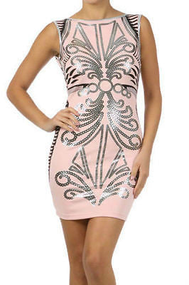 Woman Dress Bodycon Ornate Metallic Print Low Back Stretch Sleeveless