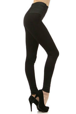 Leggings High Waist Elastic Banded Sides Solid S M L Ponte Stretch Pants New